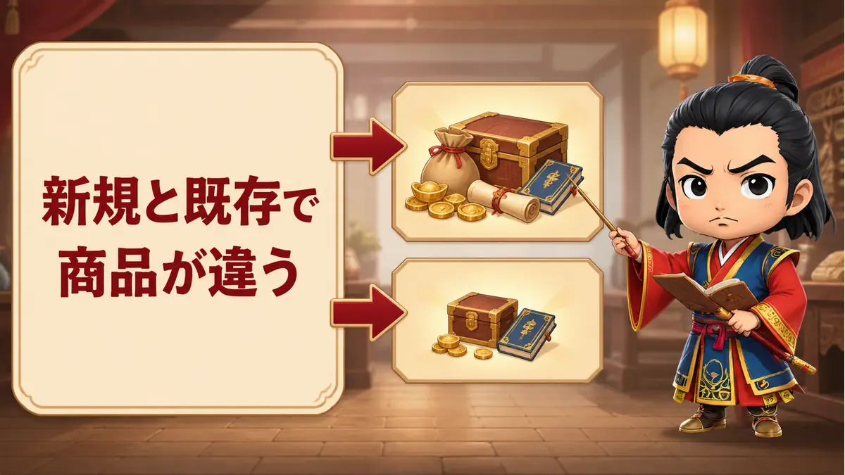 三國志14CEの商品選びを、荀彧が二つの購入経路で「新規と既存で商品が違う」と説明する場面