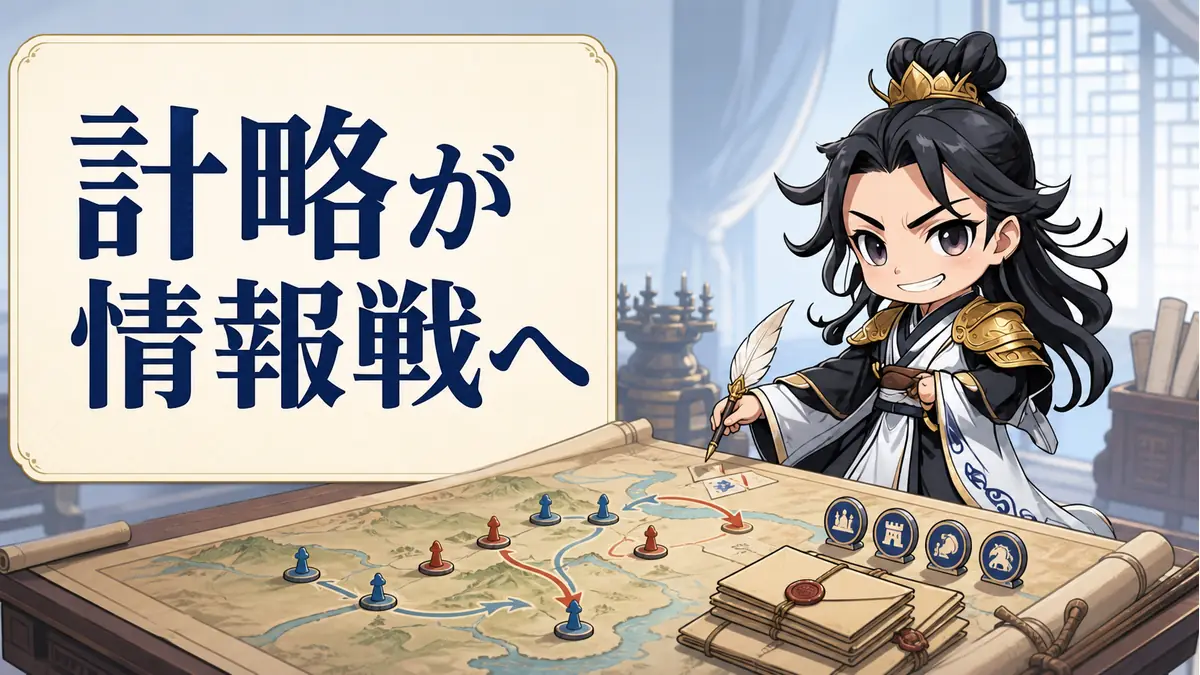 三國志14CEの軍情について、諸葛亮が地図と密書を使い「計略が情報戦へ」と説明する場面