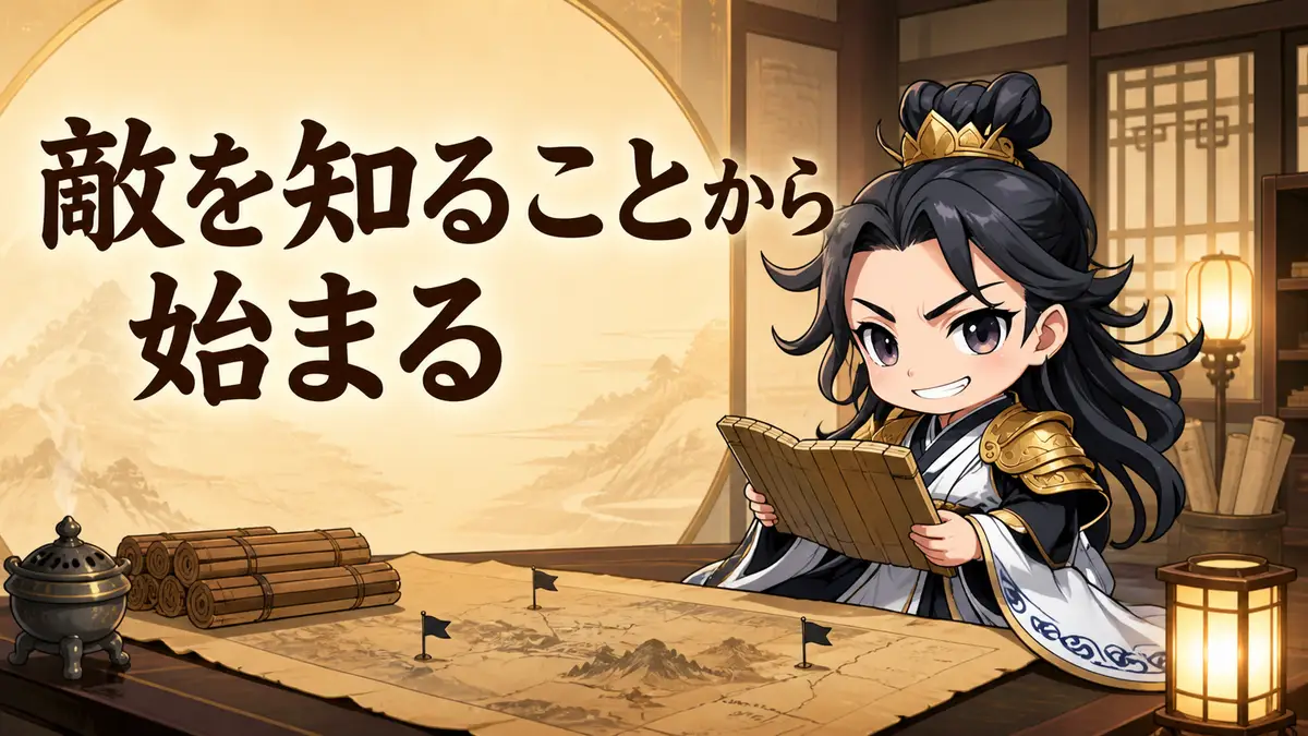 諸葛亮が竹簡を読みながら地図を確認し、軍情の着想源である敵を先に知る考え方を紹介する場面