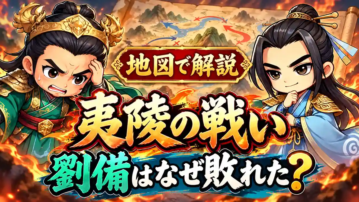 劉備と陸遜を対比し、地図で夷陵の戦いと劉備の敗因を読み解く記事のテーマを示すアイキャッチ