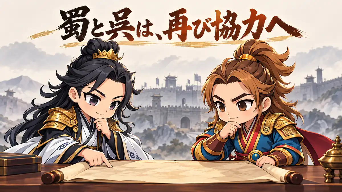 諸葛亮と孫権が巻物を前に協力を考える姿で、夷陵の戦い後の蜀呉関係の修復を表す概念イラスト