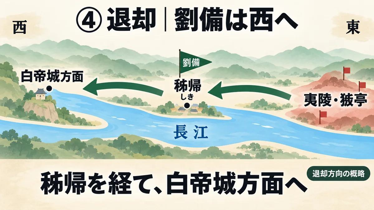 夷陵・猇亭の戦域から秭帰へ戻り、さらに西の白帝城方面へ退く劉備の方向を、2本の左向き緑矢印で示す退却図