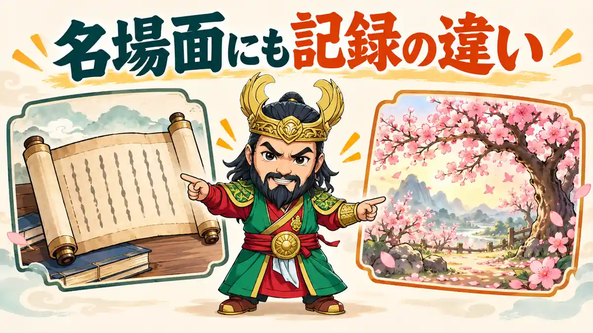 関羽が史書の巻物と桃園の物語を見比べ、有名な三国志の名場面も記録と演出を分けて読むと伝える場面
