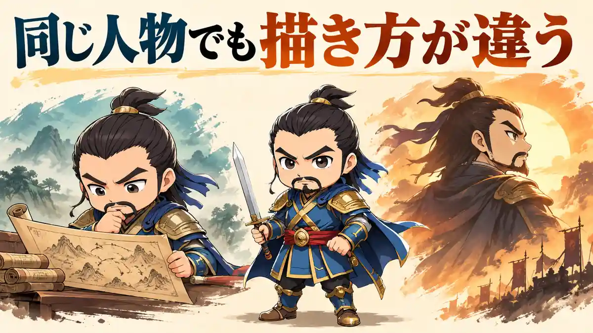 巻物を読む曹操と物語で描かれる曹操を並べ、同じ人物でも正史と演義では描き方が違うことを示す場面