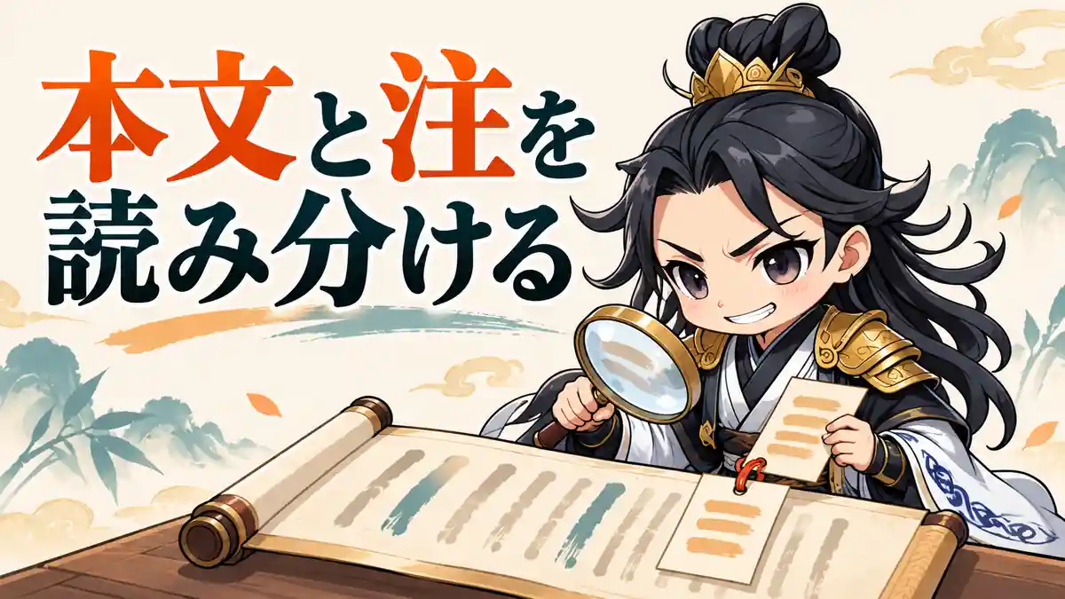 諸葛亮が虫眼鏡で巻物と注の札を確認し、三国志の本文と後から加わった注を読み分ける場面