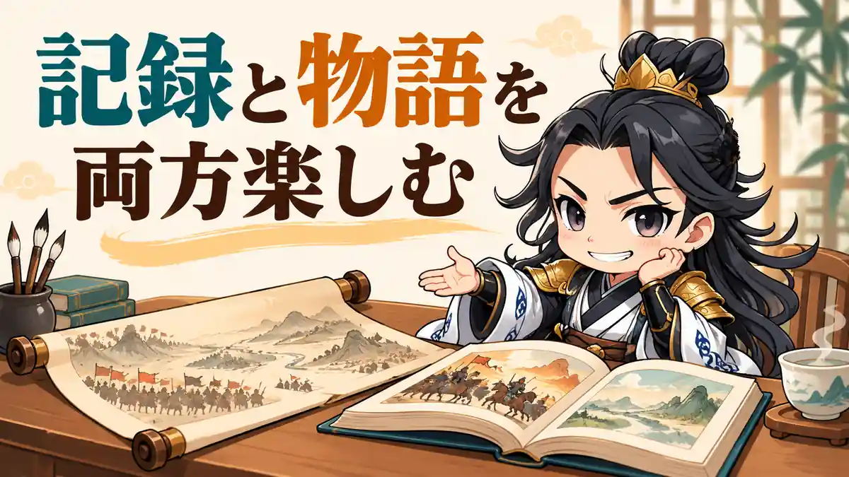 諸葛亮が歴史の巻物と物語の本を前に笑顔で案内し、三国志の正史と演義を両方楽しむ読み方を伝える場面