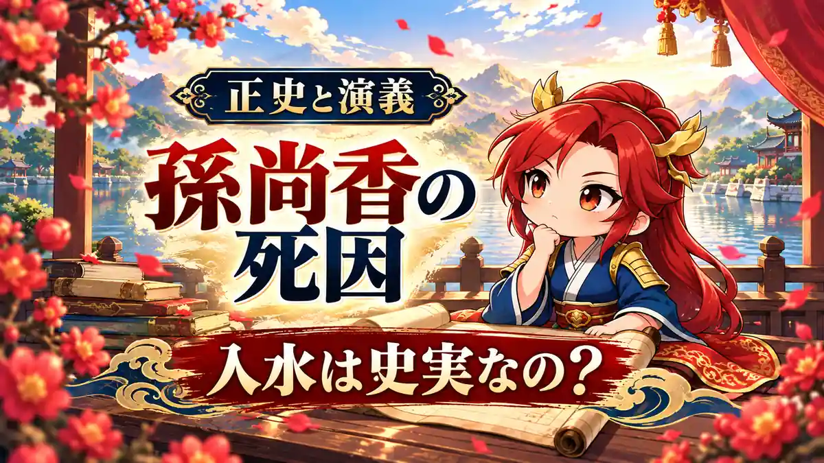 川と巻物を背景に考える孫尚香。正史と三国志演義を比べ、入水の話が史実なのかを確かめる記事のアイキャッチ