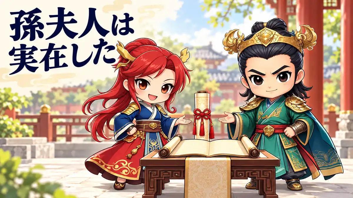 巻物を挟んで並ぶ孫尚香と劉備。孫権の妹で劉備の妻となった孫夫人の実在と、婚姻の関係を示す場面