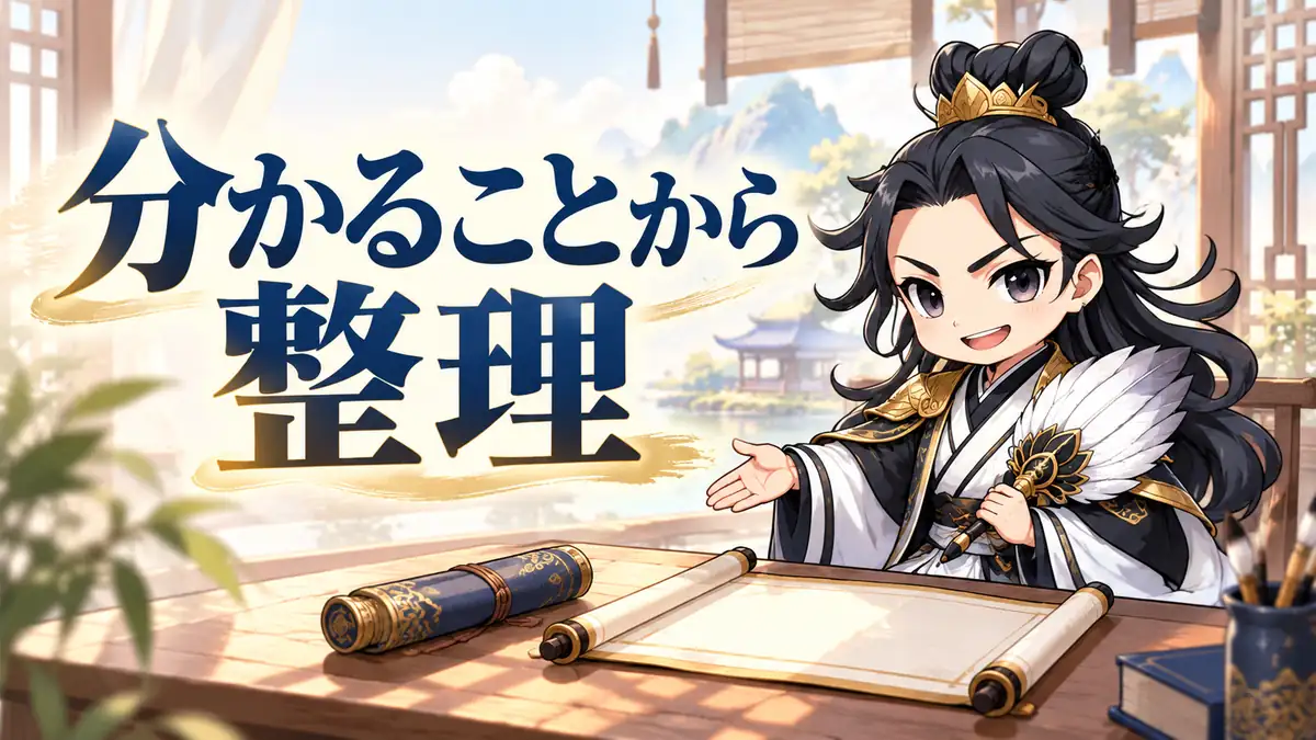 開いた巻物と閉じた巻物を前に、記録で分かることを案内する諸葛亮。孫尚香の死因や家族の疑問を整理する場面